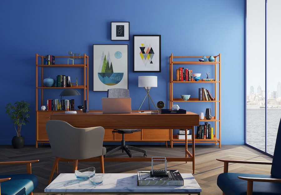 blue theme office shelf